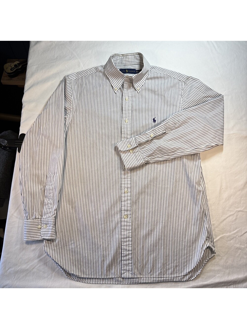 Polo Ralph Lauren 15.5 32 33 Button Down shirt White Navy Pin Stripes